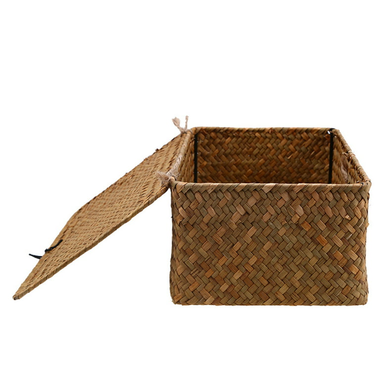 Natural Seagrass Lidded Cube Baskets Woven Bedroom Organizer Boxes Hampers L